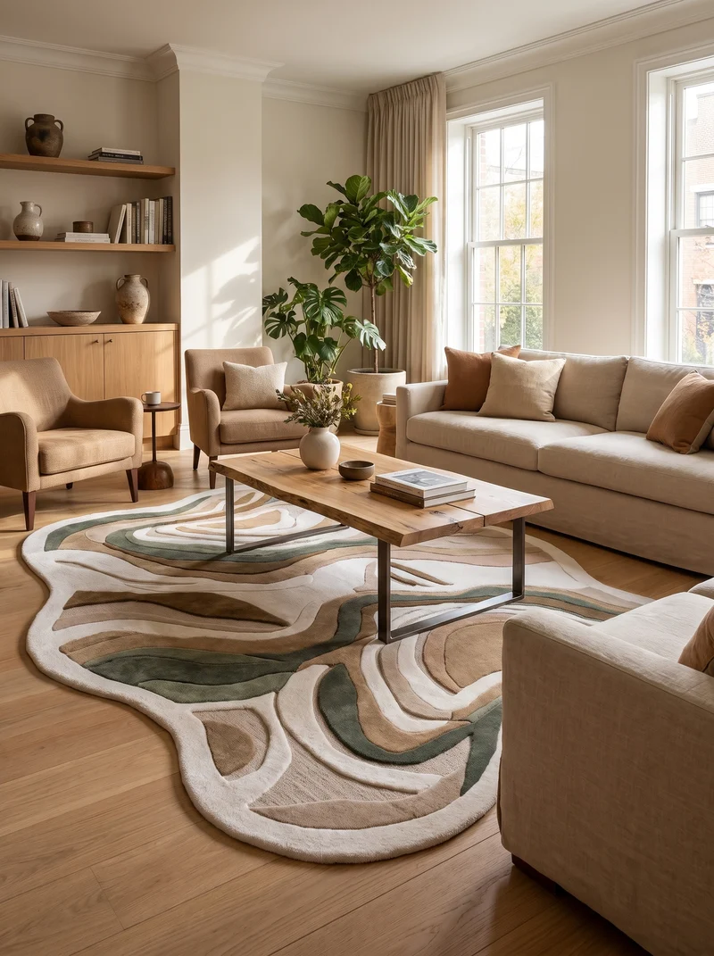 Tapis Organique 100% Laine Beige et Vert Sauge - Meandro