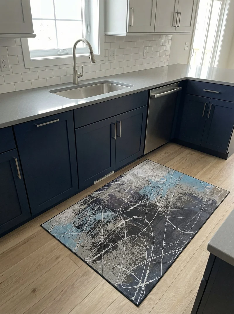 Tapis de Cuisine Design Anthracite et Bleu - Terrazzo
