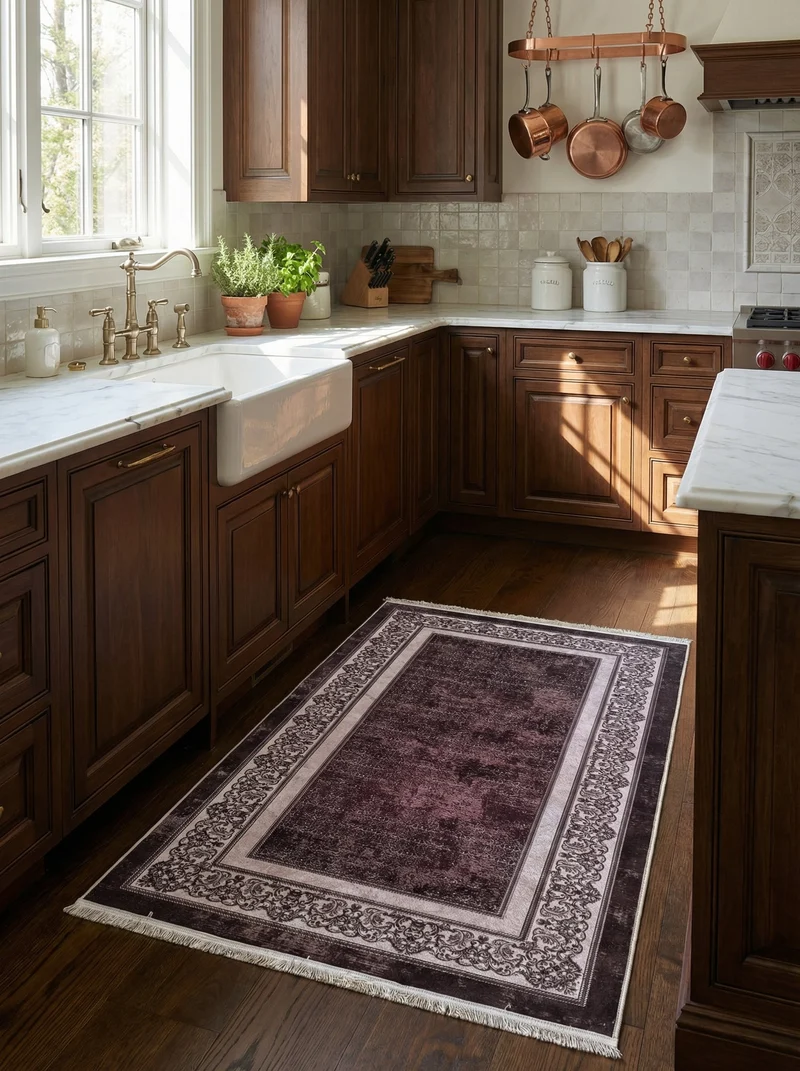 Tapis de Cuisine Vintage Prune et Gris - Terrazzo