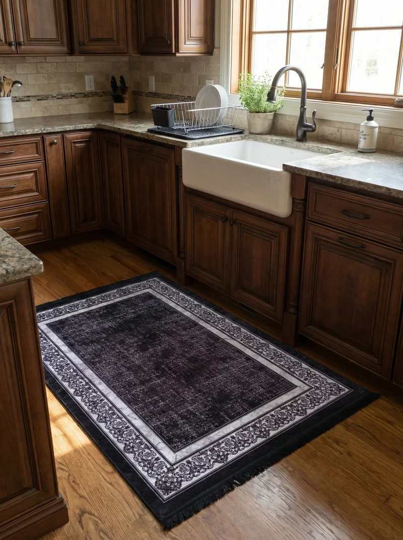 Tapis de Cuisine Vintage Noir et Gris - Terrazzo