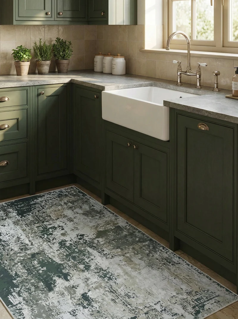 Tapis de Cuisine Vintage Vert et Gris - Terrazzo