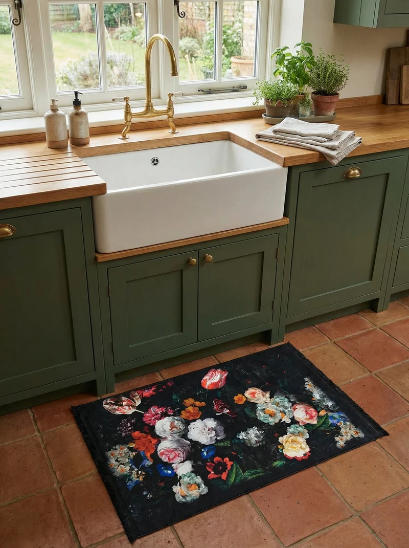 Tapis de Cuisine Design Noir Fleurs - Terrazzo N°2