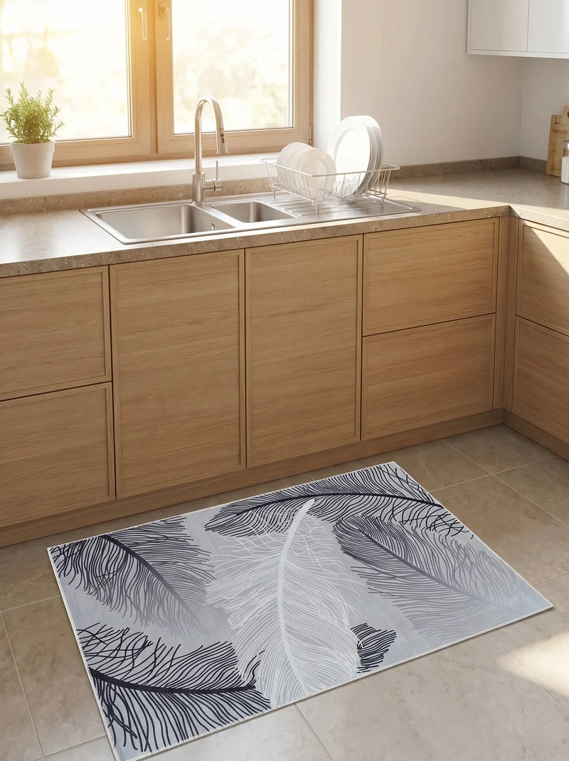 Tapis de Cuisine Design Plumes Noir et Blanc - Terrazzo