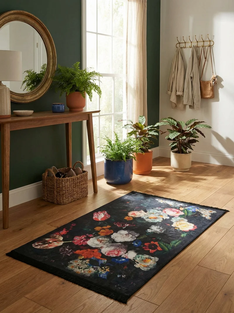 Tapis d'Entrée Design Noir Fleurs - Terrazzo N°2