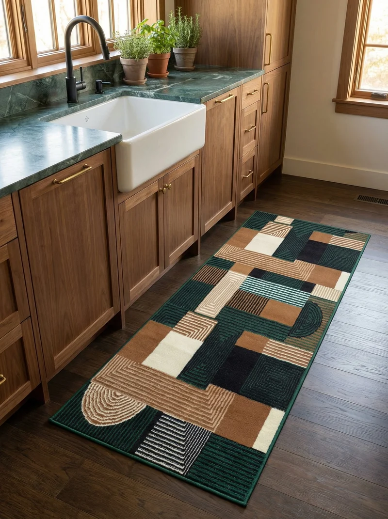 Tapis de Cuisine Géométrique Vert & Marron - Valore