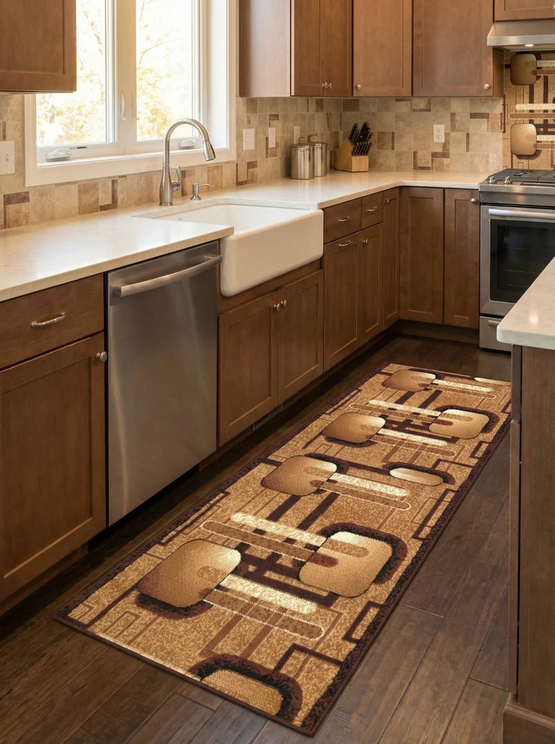 Tapis de Cuisine Moderne Géométrique Beige & Marron - Valore