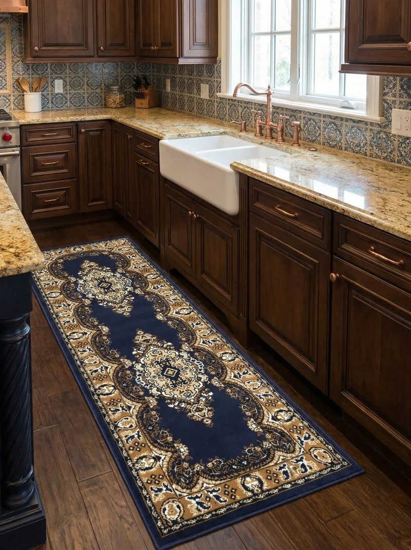 Tapis de Cuisine Oriental Bleu Marine & Caramel - Valore