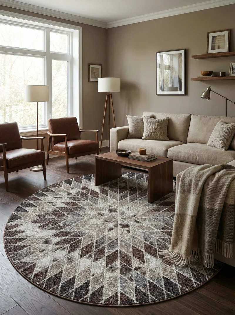 Tapis Rond Géométrique Marron et Beige - Torino