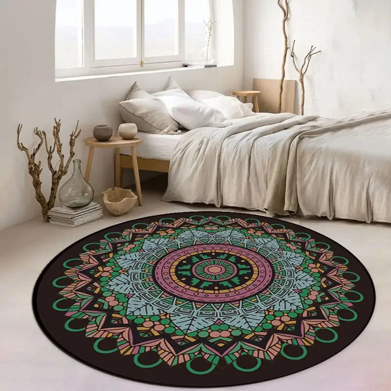 Tapis rond exotique noir et bleu