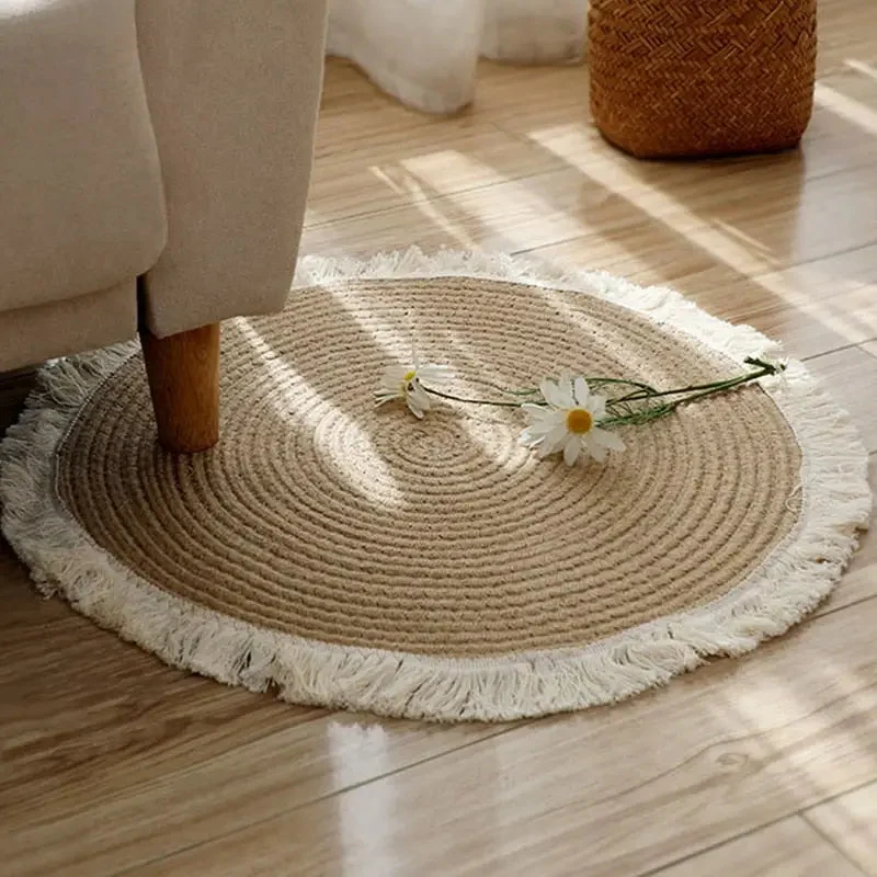 Tapis rond jute à bord blanc