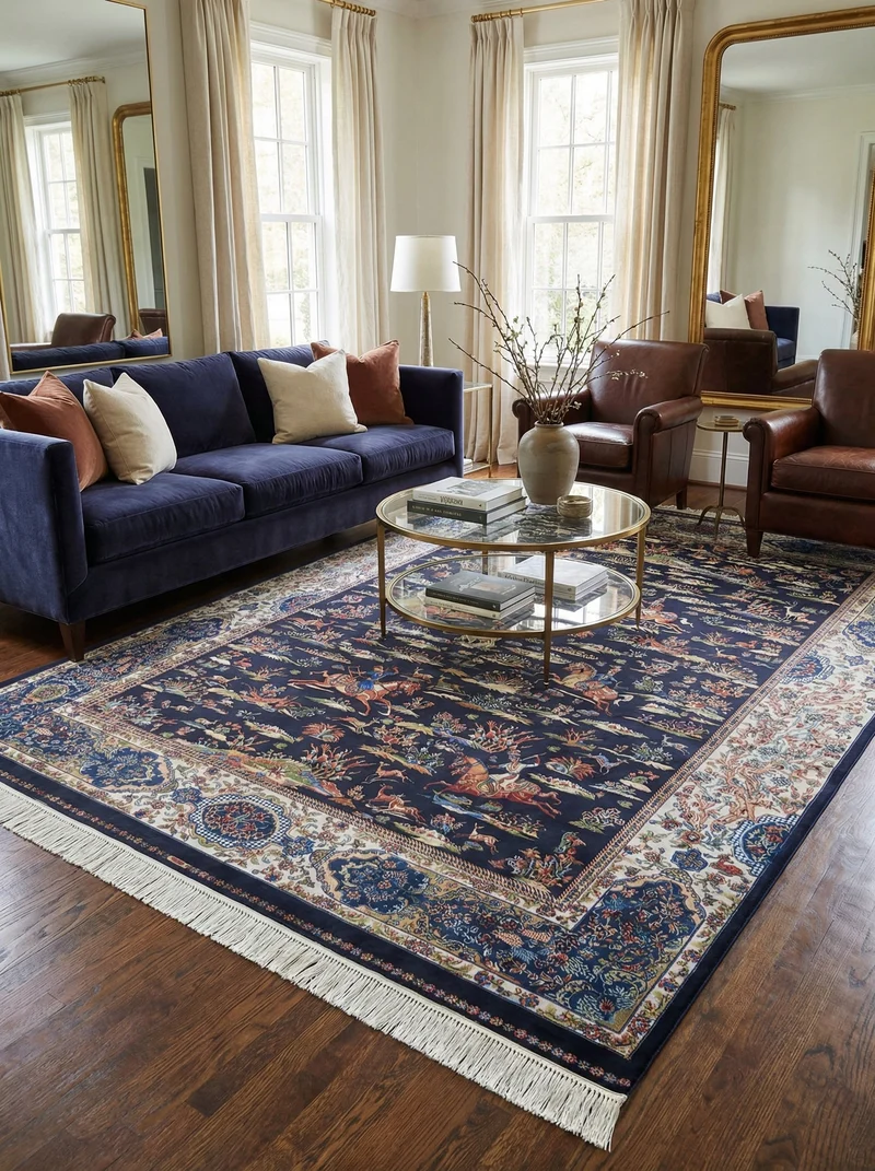 Tapis Persan Effet Soie Bleu Marine - Samara N°10