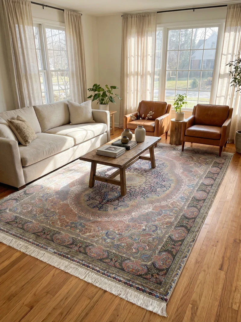 Tapis Persan Effet Soie Rose et Bleu Marine - Samara N°09