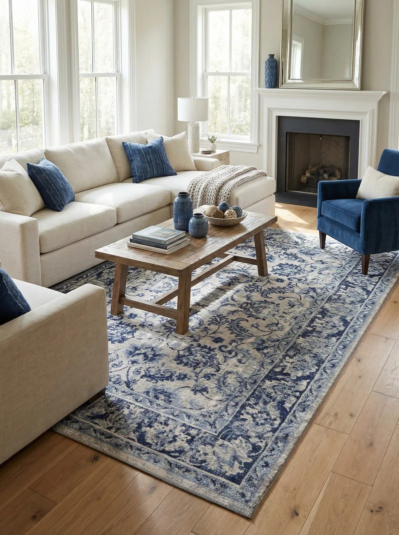Tapis Lavable Vintage Bleu Antique - Vizir