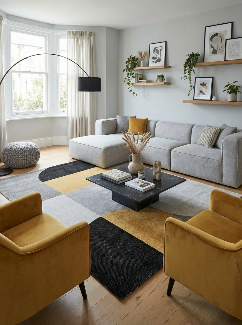 Tapis Lavable Géométrique Jaune & Gris - Tropic