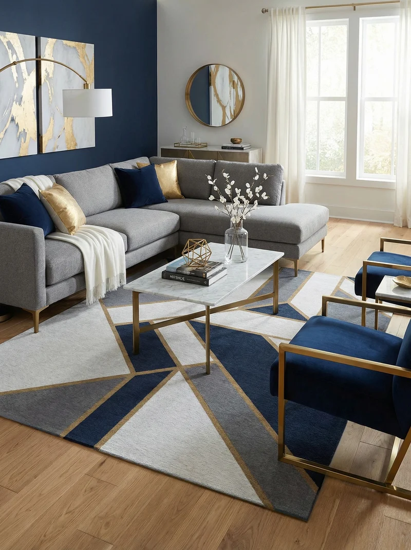 Tapis Lavable Géométrique Bleu Nuit - Dandy