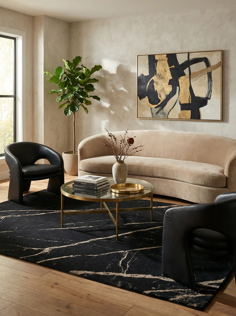 Tapis Lavable Moderne Noir & Ocre - Rocco