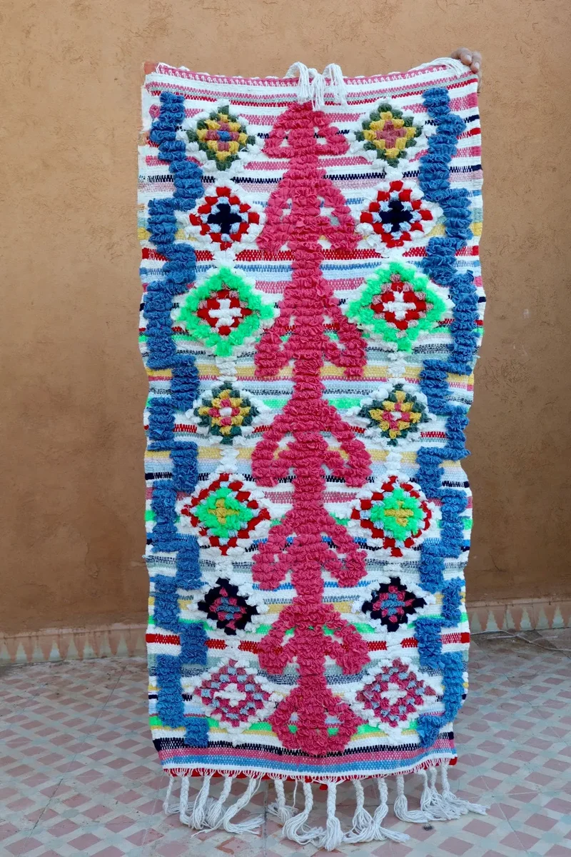 Tapis Berbère Boucherouite Coloré – Coton recyclé et lavable - 62 x 120 cm