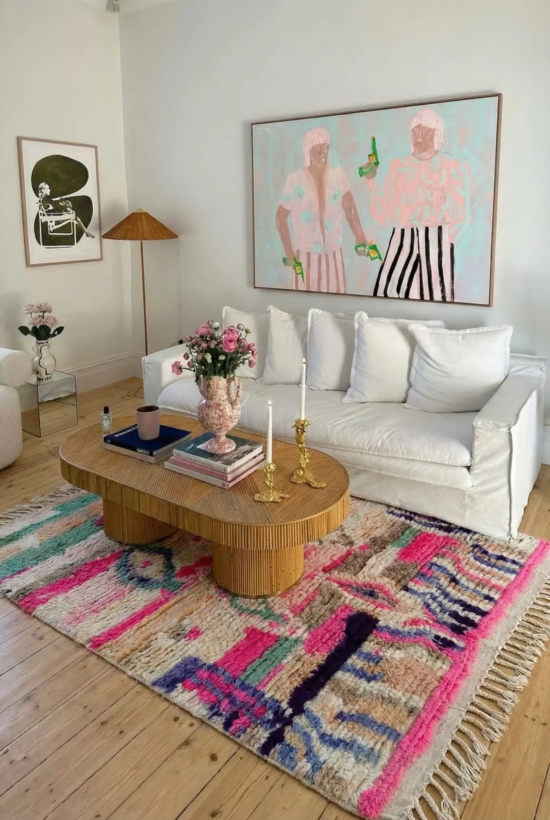 Tapis Berbère Boujad Coloré Beige Turquoise Rose - 233 × 142 cm