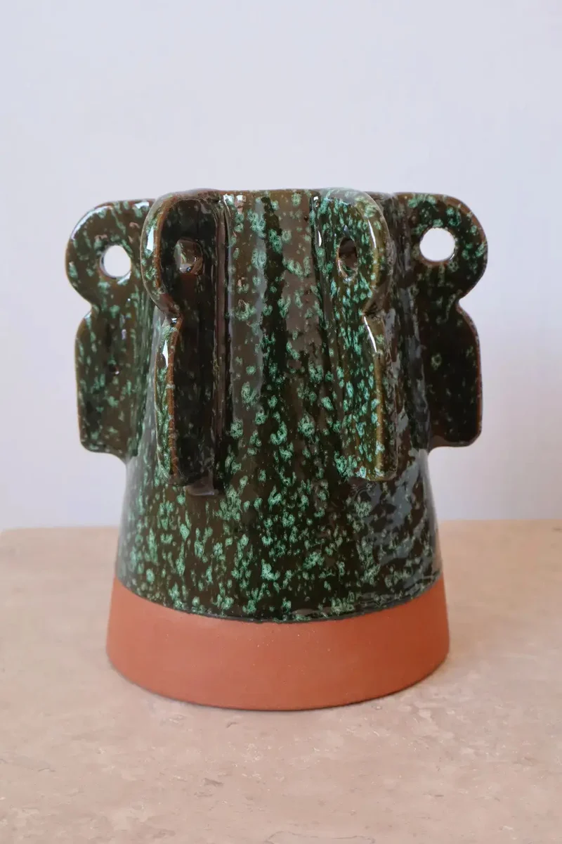 Vase Sculptural Bi Matières Vert Moucheté- SABI