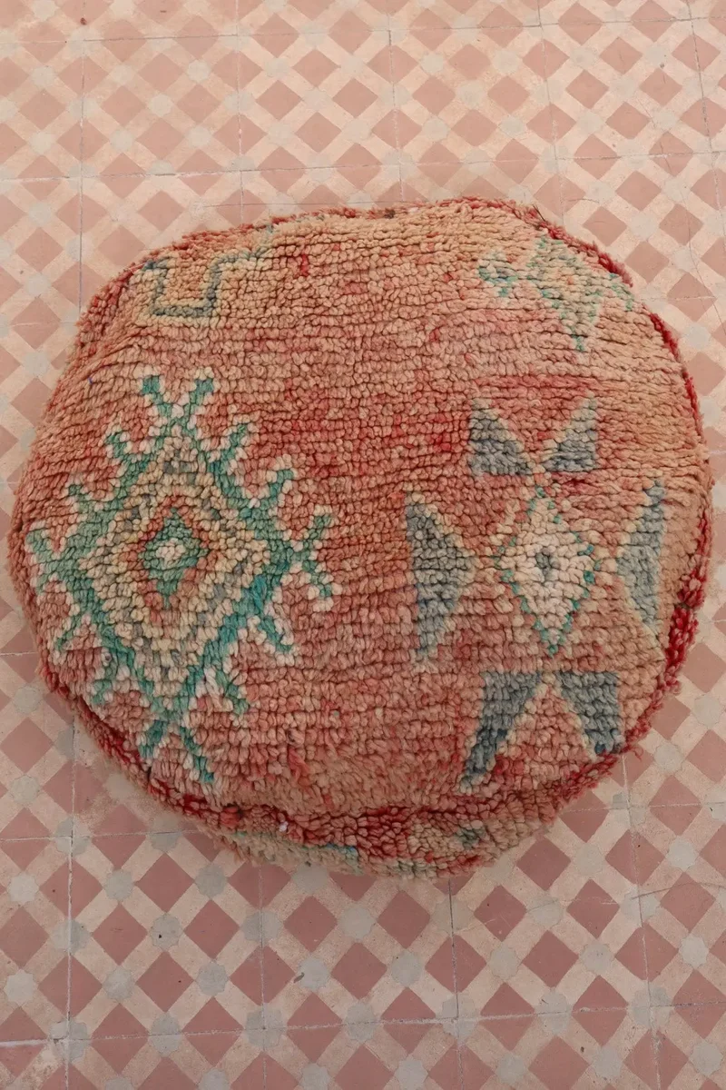 Pouf Berbère Rond Beige Terracotta à Motifs
