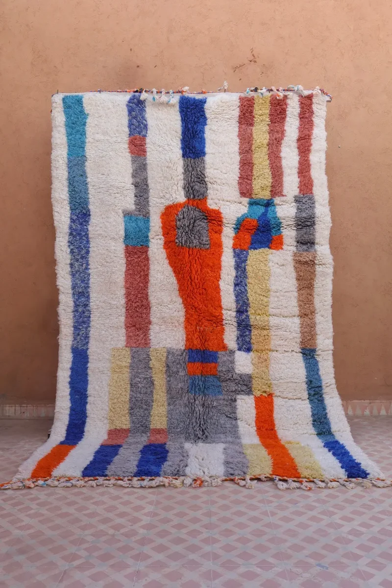 Tapis Berbère Azilal Écru Lignes Colorées- 249 x 157 cm