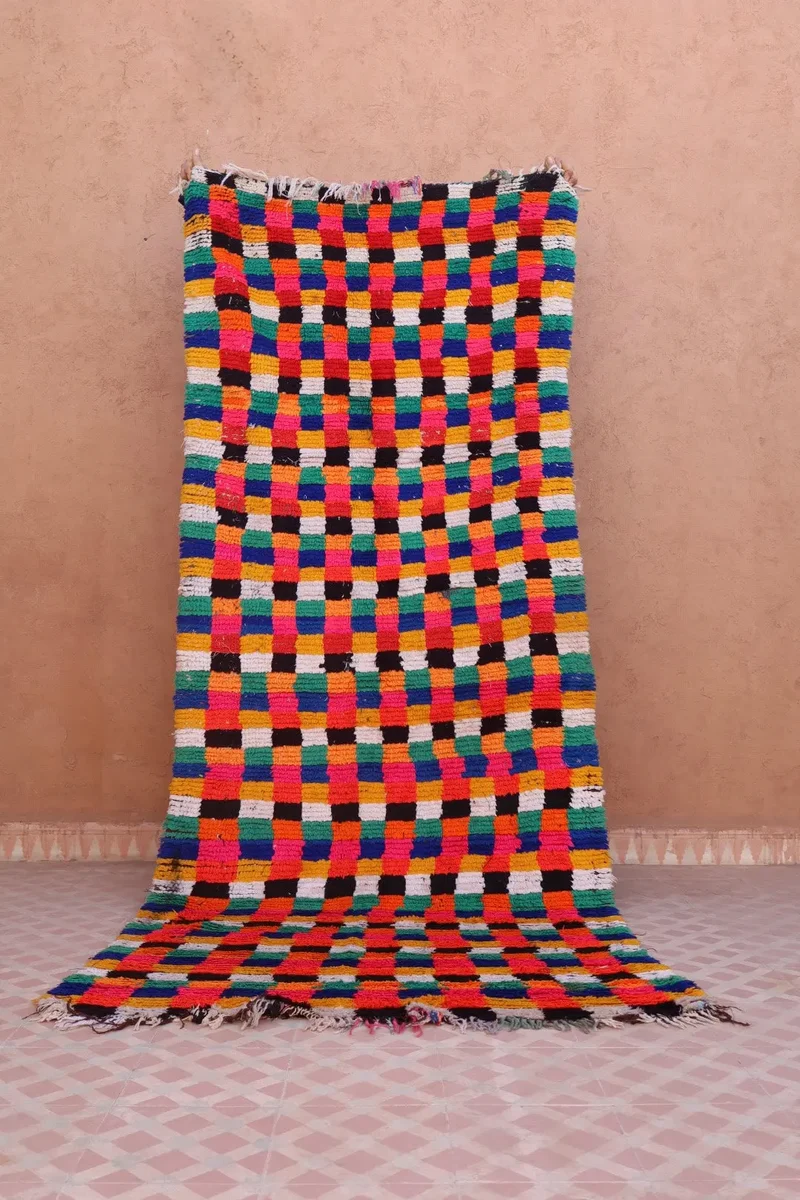 Tapis Berbère Azilal Vintage de Couloir Carreaux Multicolores - 242 x 99 cm