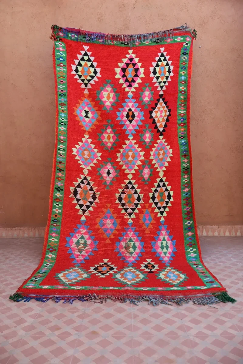 Tapis Berbère Azilal Vintage Coloré Rouge - 238 x 107 cm