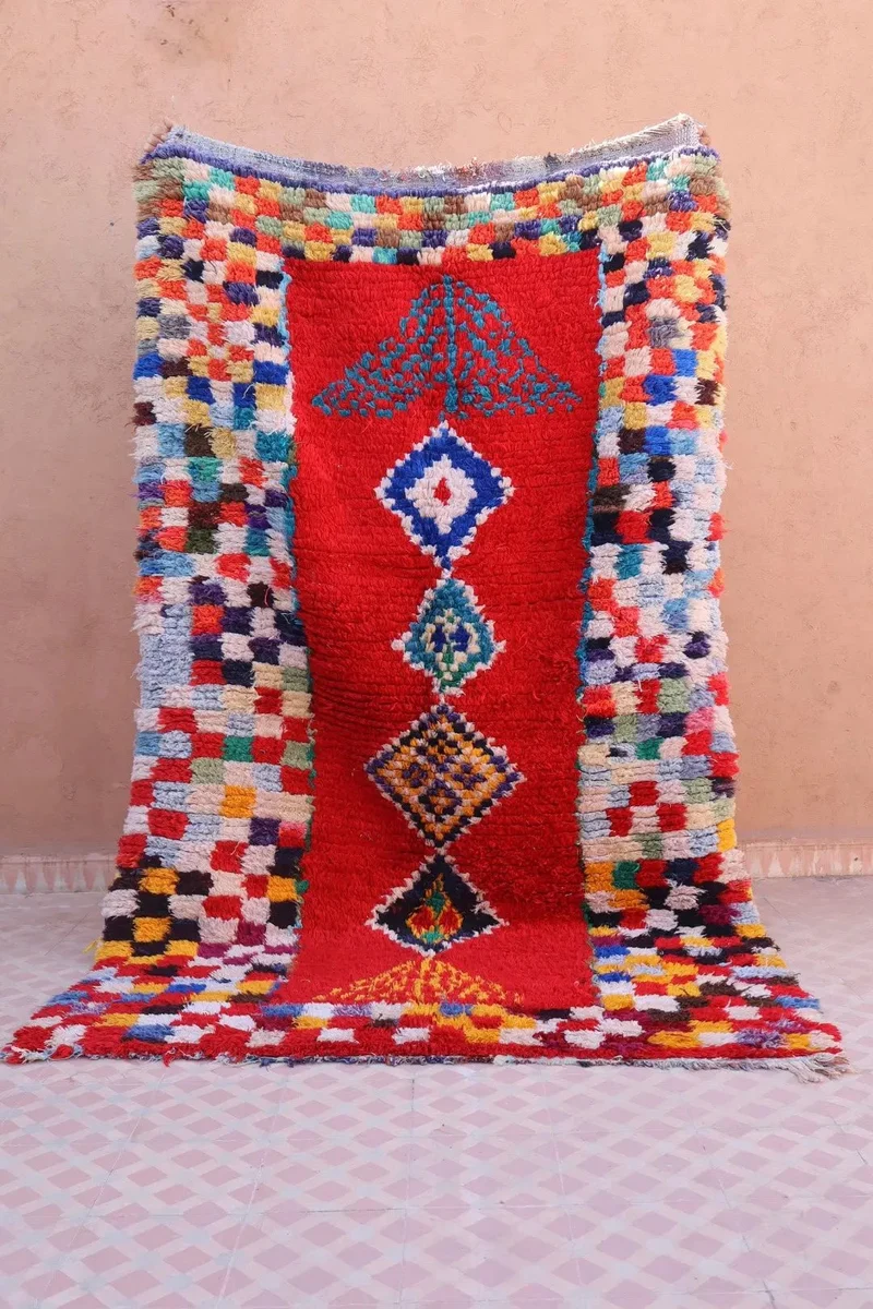 Tapis Berbère Coloré Ancien Rouge et Multicolore - 229 x 132 cm