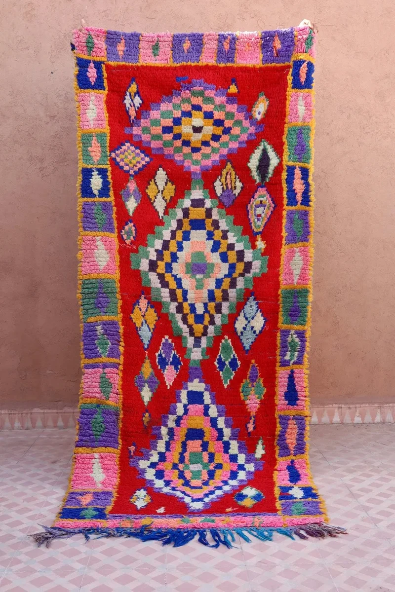 Tapis Berbère Azilal Vintage de Couloir Coloré Rouge - 214 x 91 cm