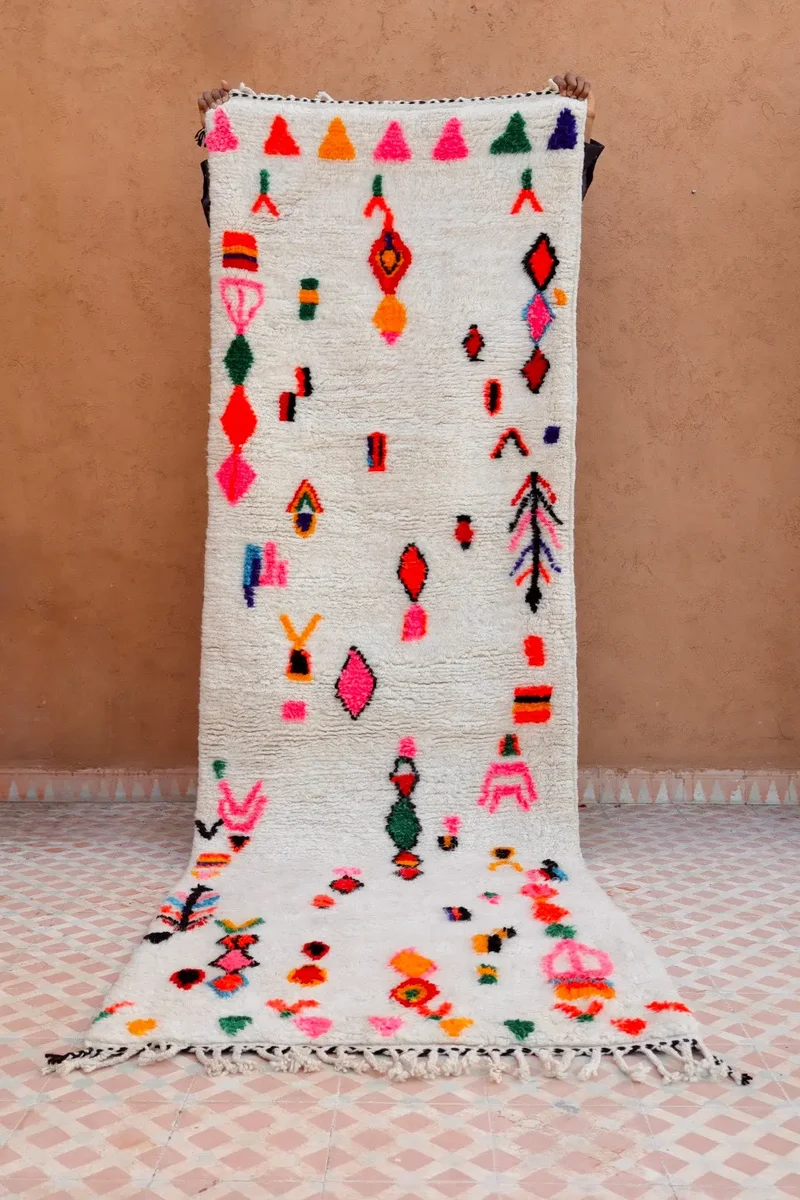 Tapis Berbère Couloir Azilal Blanc à Motifs Colorés Fluos - 286 x 92 cm