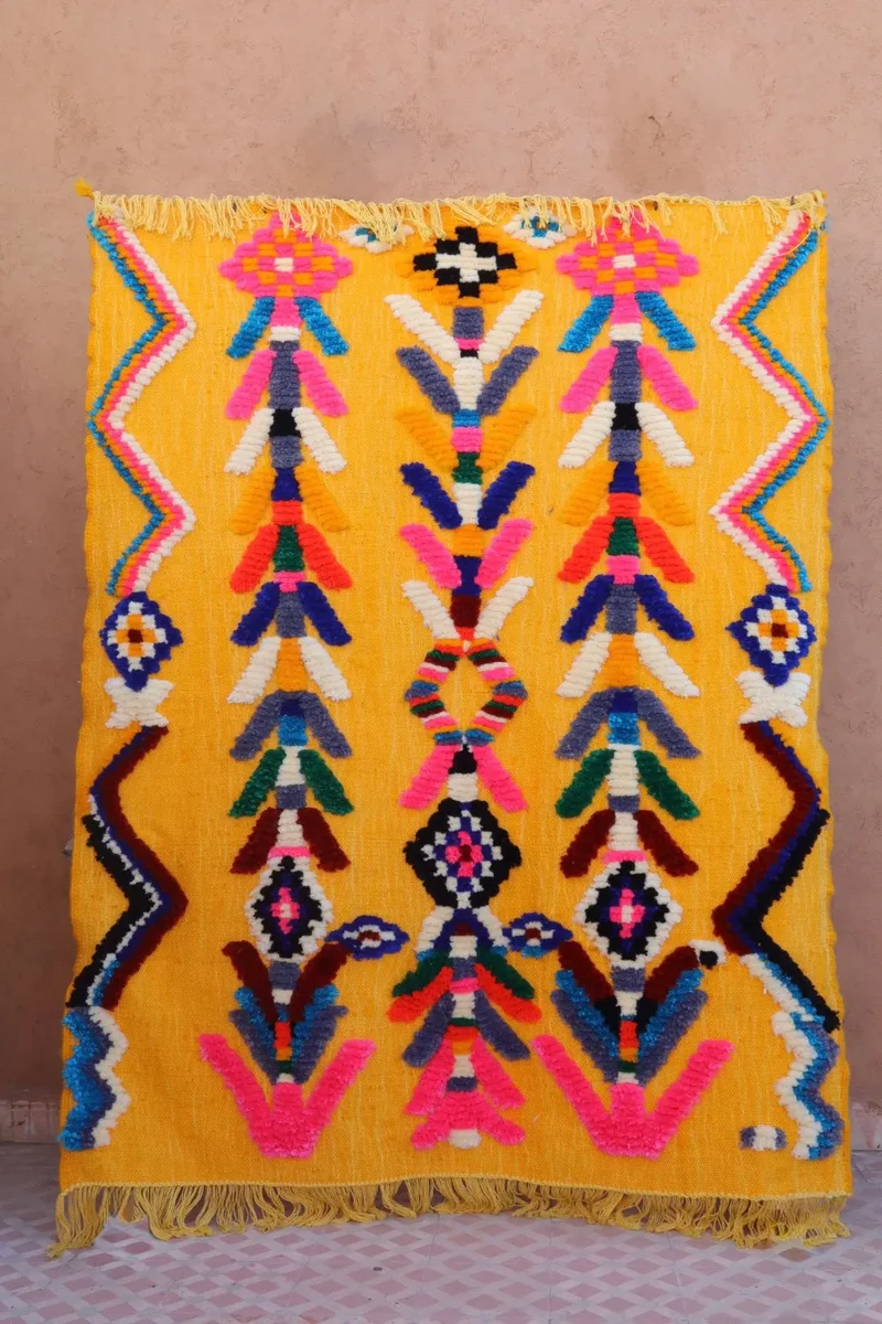 Tapis Berbère Coloré Jaune Soleil Motifs Fluos- 183 x 144 cm