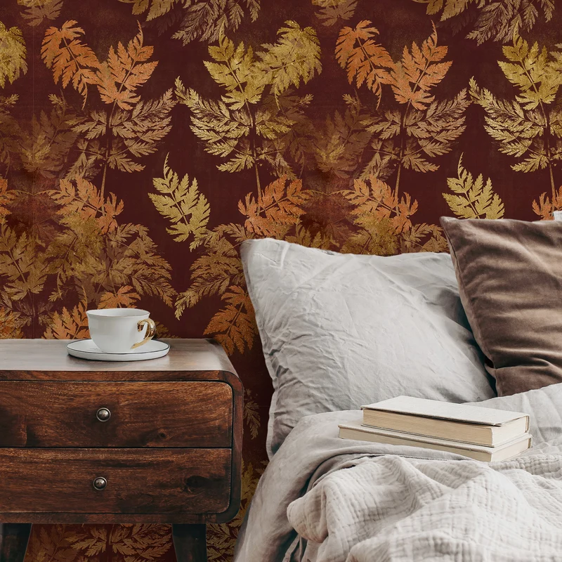 Papier peint rouge feuilles d'or