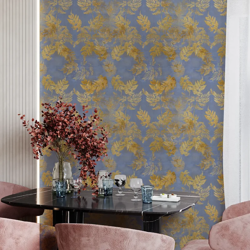 Papier peint bleu feuille d'or
