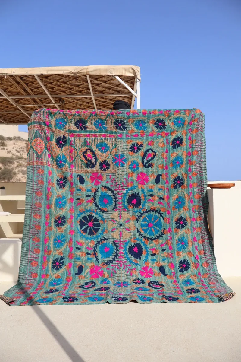 Kantha Suzani indien Brodé Multicolore Bleu– Coton