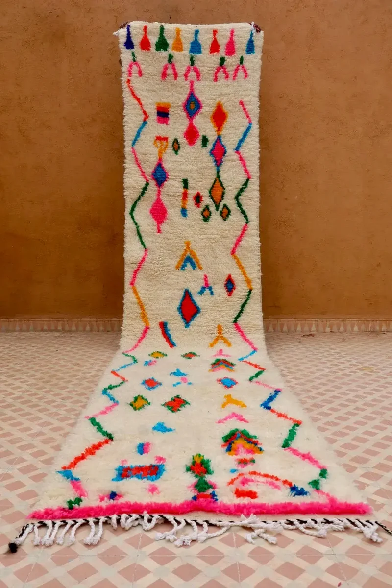 Tapis Berbère Couloir Coloré Blanc Motifs Multicolores et Fluo - Azilal