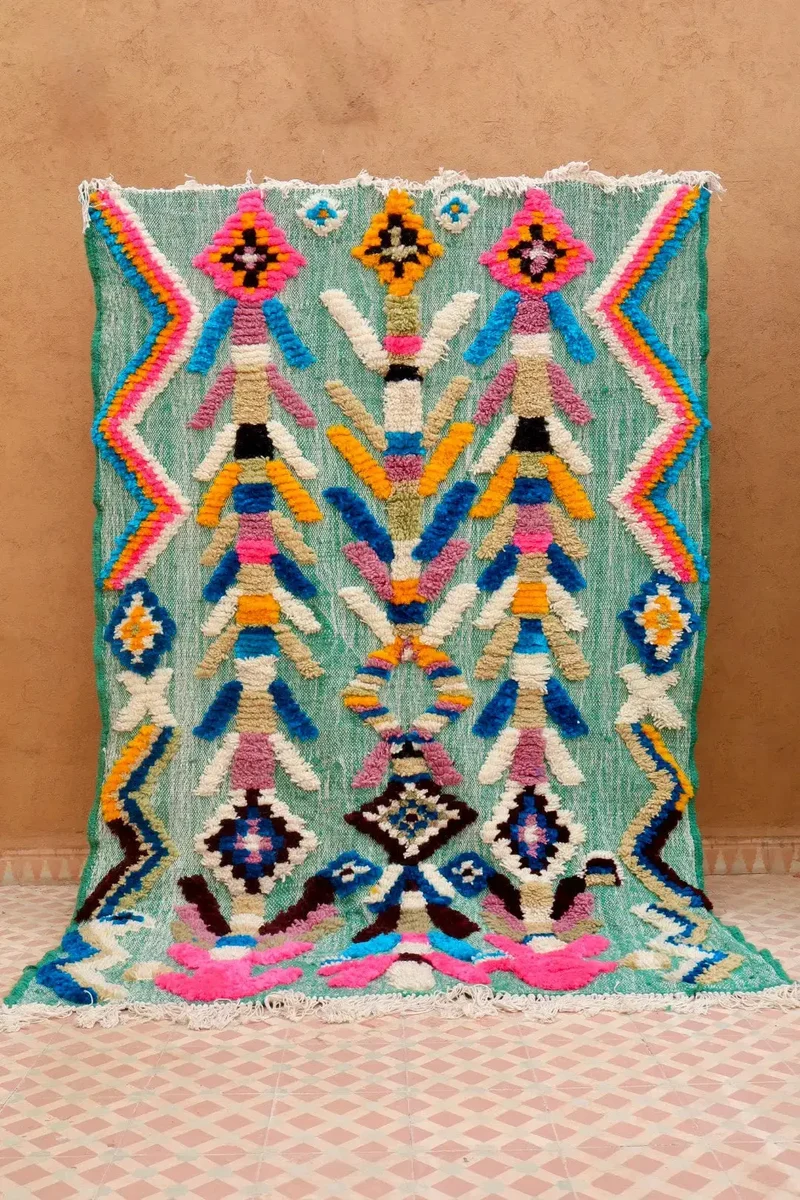Tapis Berbère Coloré Motifs Multicolore Trame Kilim Verte - Azilal Signature 03