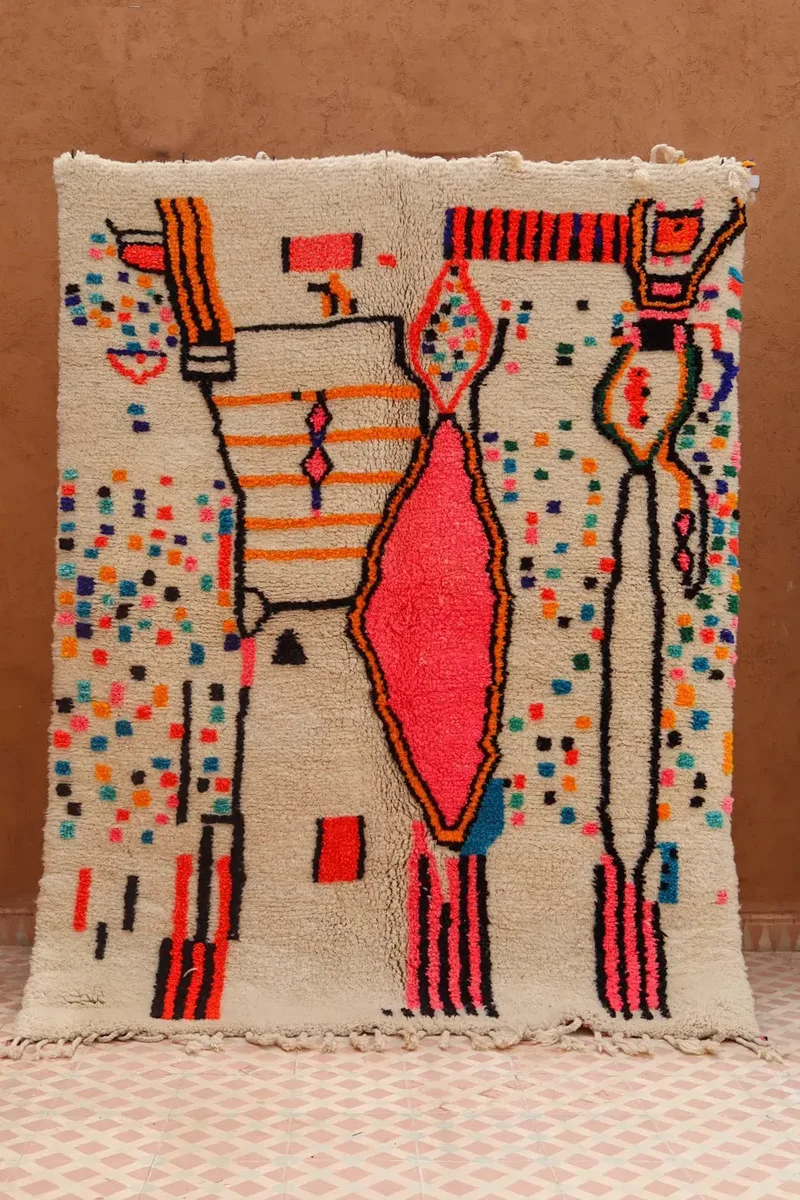 Tapis Berbère Coloré Blanc Motifs Multicolore Rose Fluo - Azilal