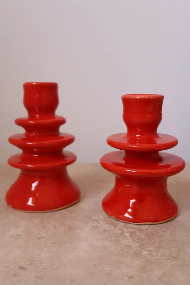 Paire de Bougeoirs en Céramique Fait-Main Colorés Rouge Coquelicot - Anita