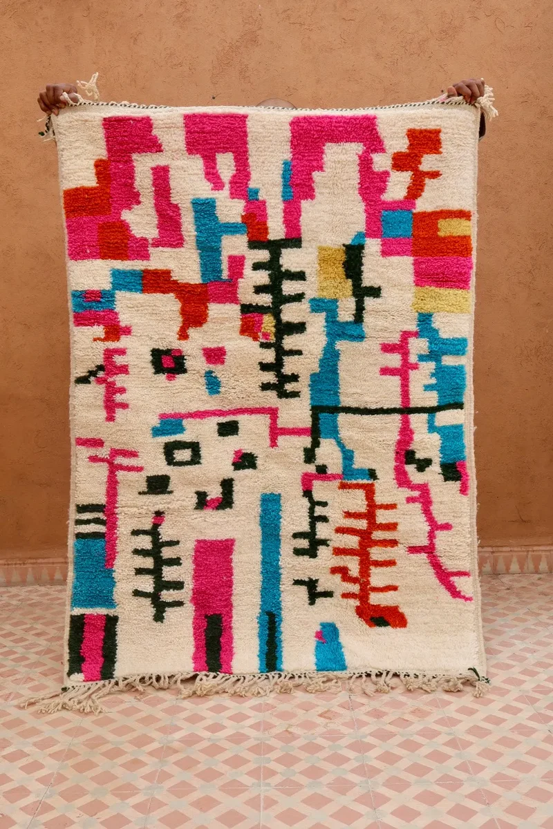 Tapis Berbère Coloré Azilal Blanc à Motifs Multicolore- 152 x 106 cm