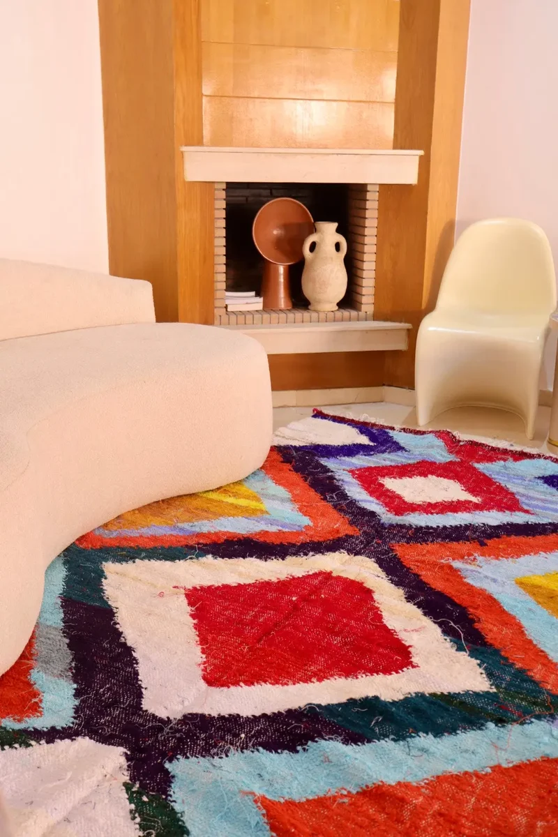 Tapis Berbère Coloré Kilim Boucherouite Multicolore Seventies - 243 x 150 cm