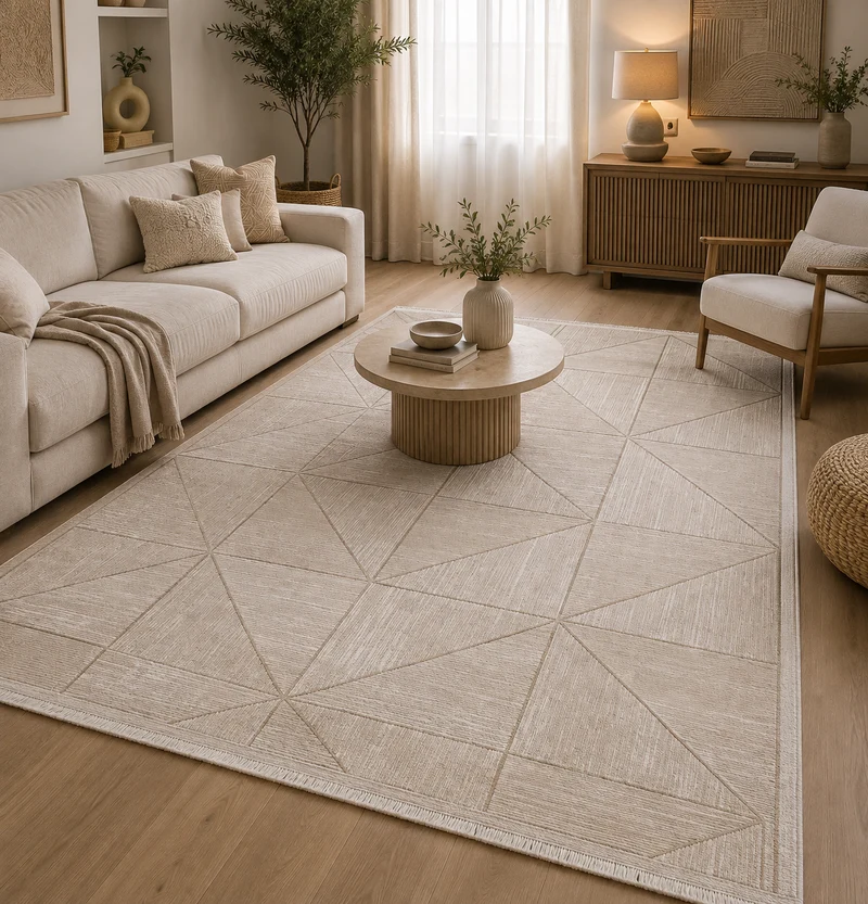 Tapis moderne crème à motifs géométriques VENUS 8083 – Franges courtes