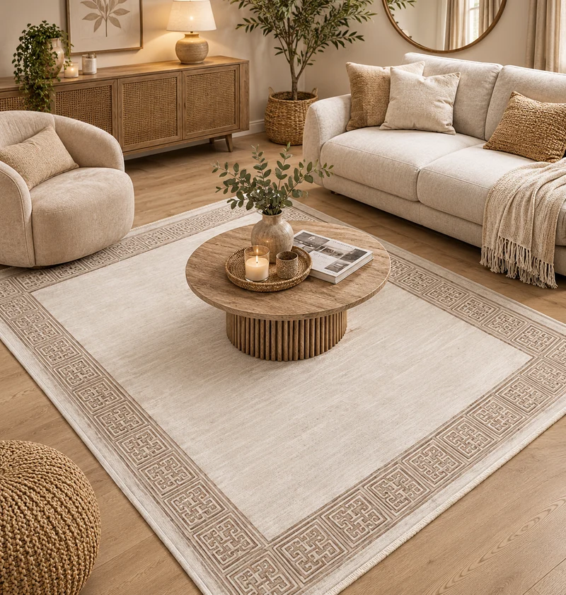 Tapis moderne beige crème à bordure géométrique VENUS 7798 – Franges