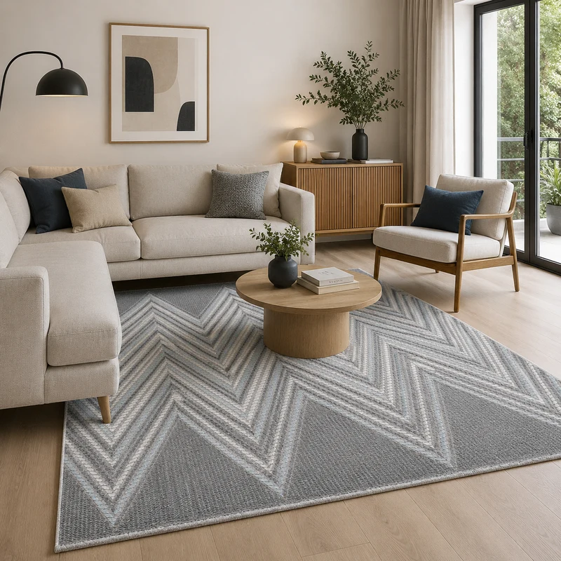 Tapis LUXURY 6500 Gris/Bleu – Motif chevrons géométriques