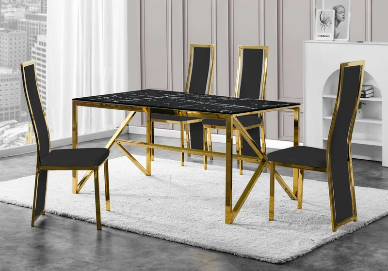 Table marbre noir et 6 chaises velours doré – Jessy