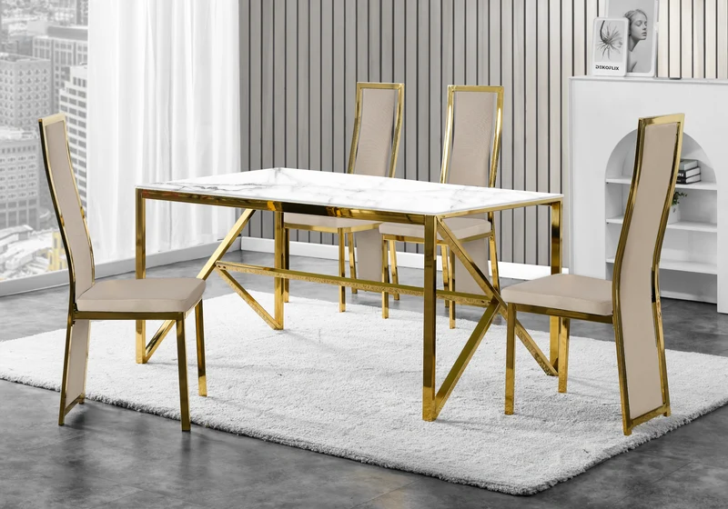 Table marbre blanc et 6 chaises velours doré – Jessy