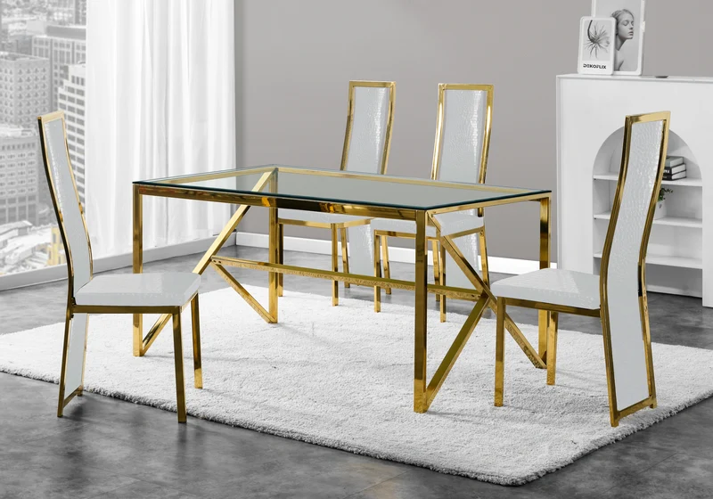Table en verre et 6 chaises croco doré – Jessy