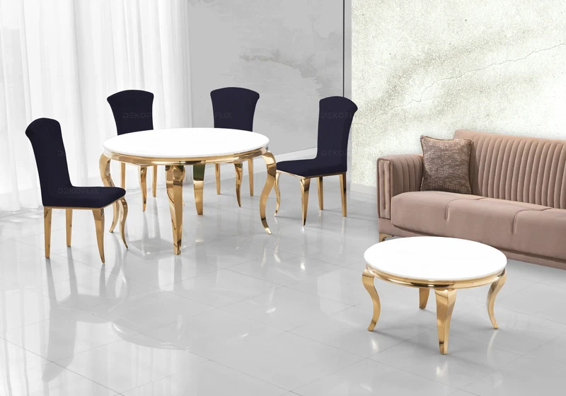 Ensemble salle à manger ronde verre blanc et or – Neo