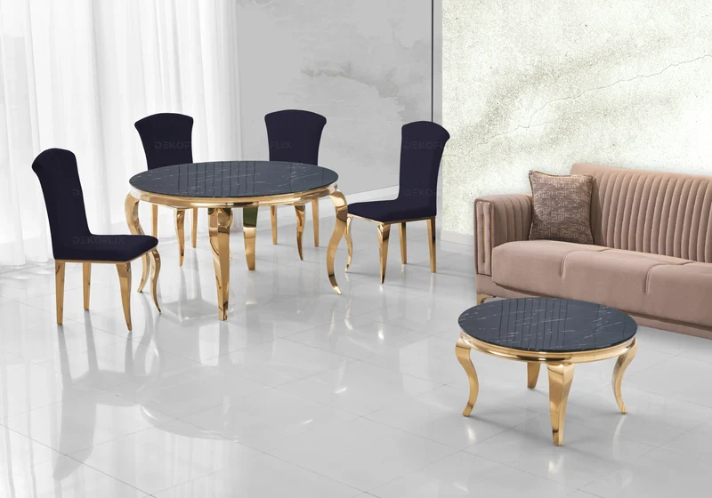 Ensemble salle à manger ronde marbre noir et or – Neo