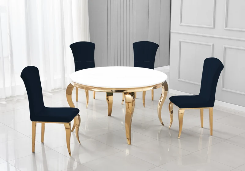 Table ronde verre blanc et 4 chaises velours or – Neo