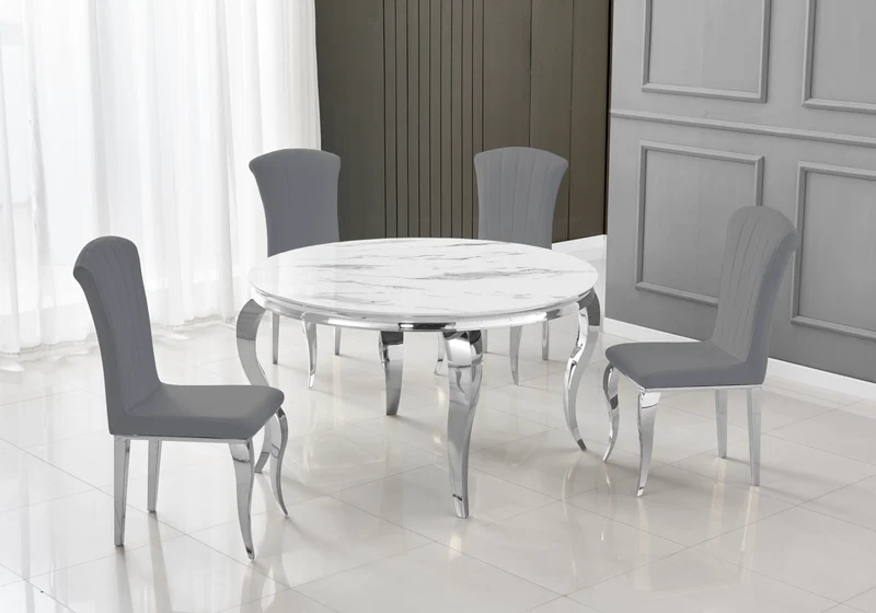 Table ronde marbre blanc et 4 chaises argent – Neo